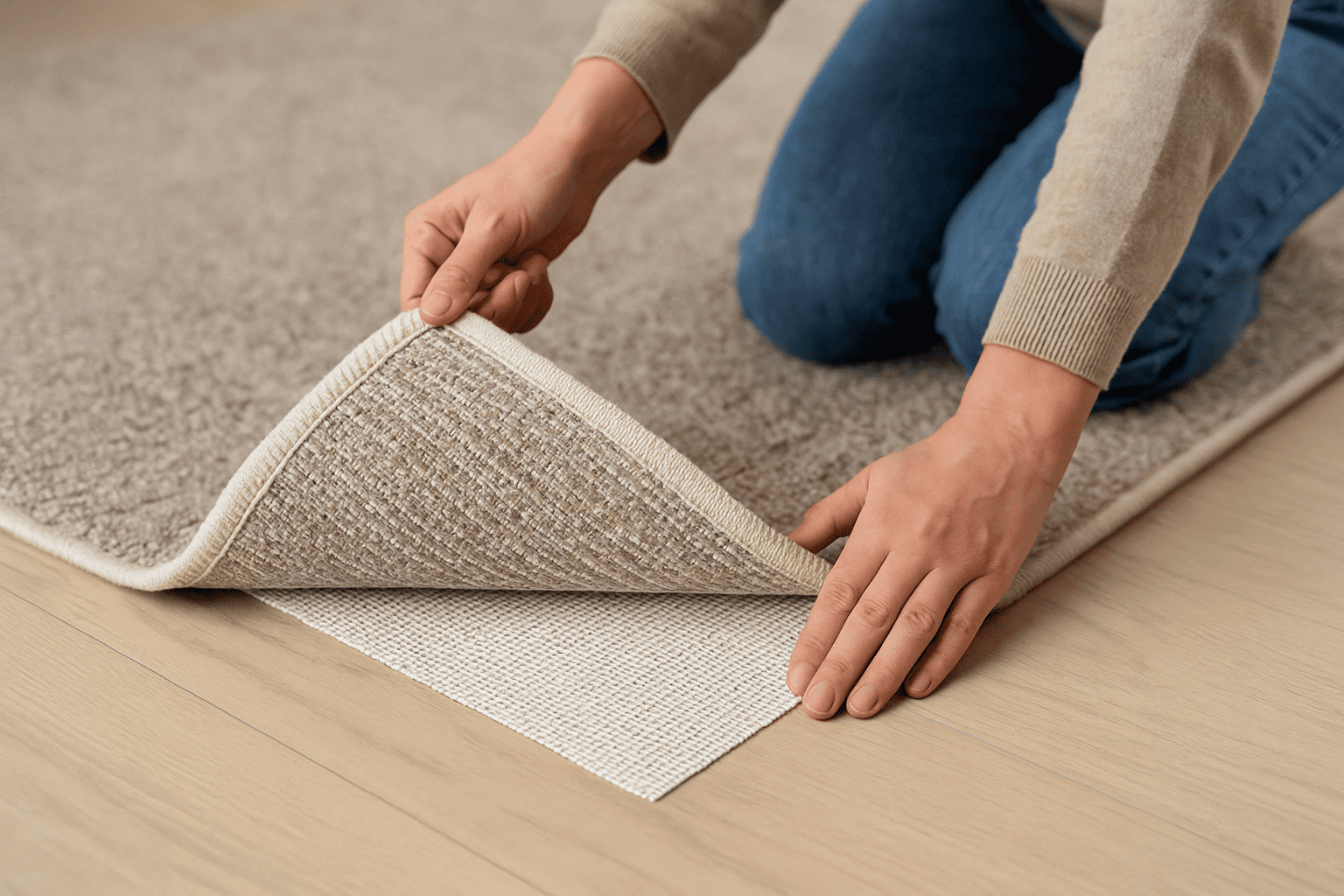 une femme léve un tapis et dévoile un anti dérapant en dessous