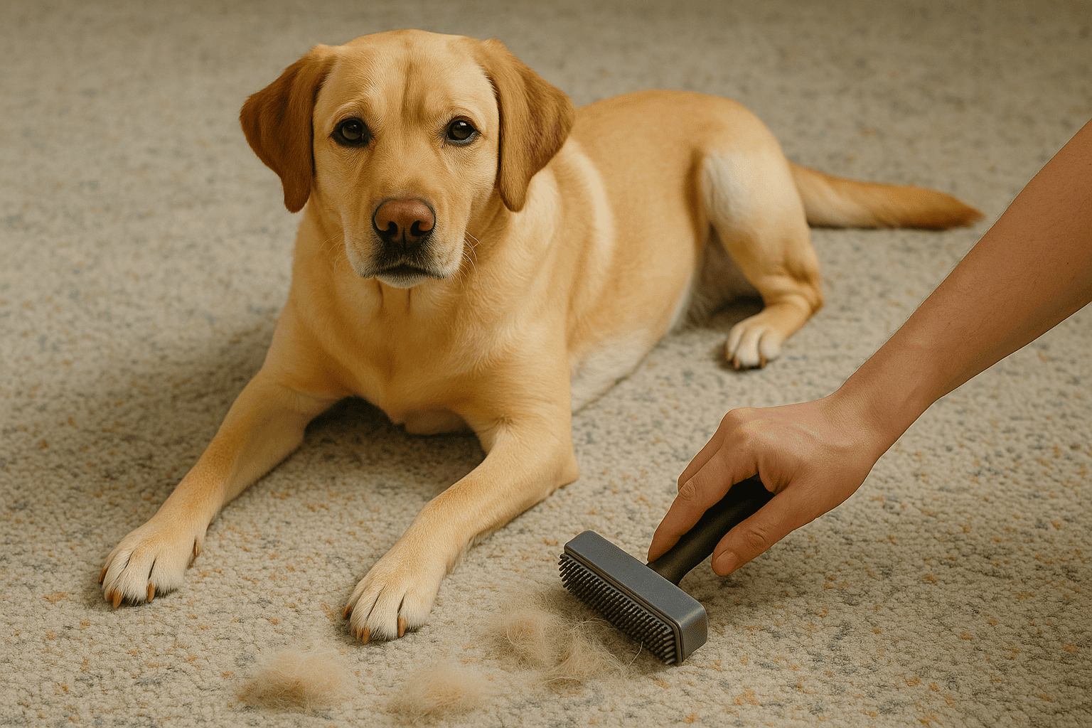 Chien labrador sur un tapis qui se fais nettoyer