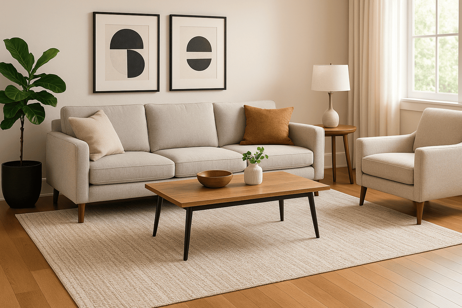 Salon avec canapés blancs et une déco moderne avec un tapis et une table au millieux