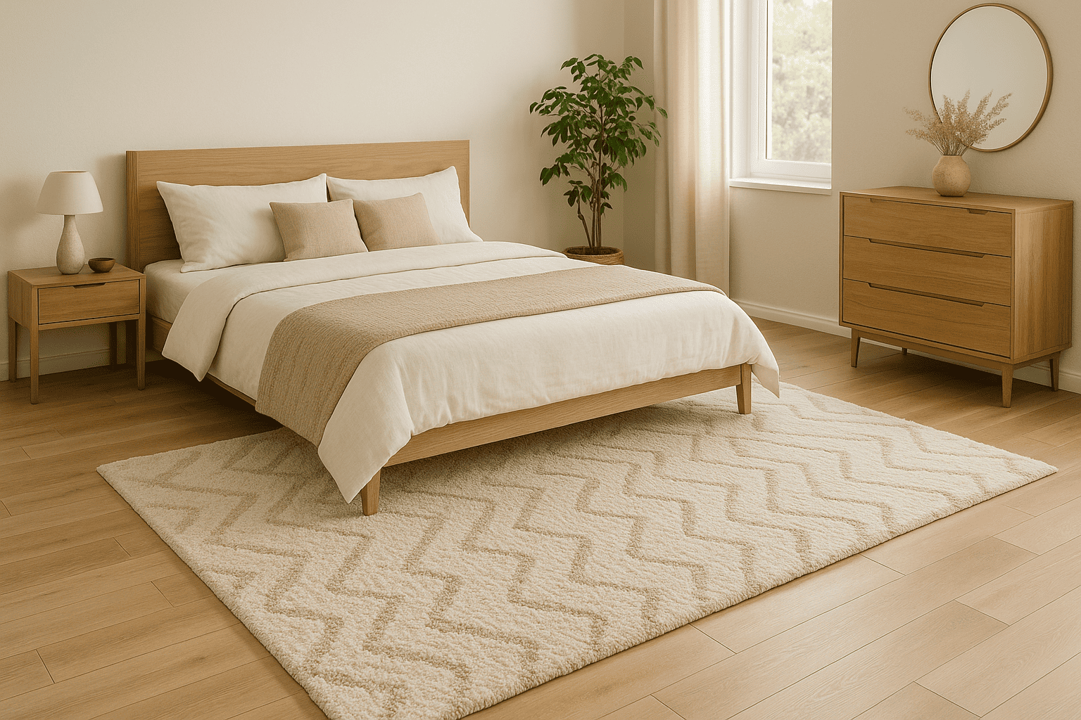 Tapis dans une chambre bien aménagée de couleur beige