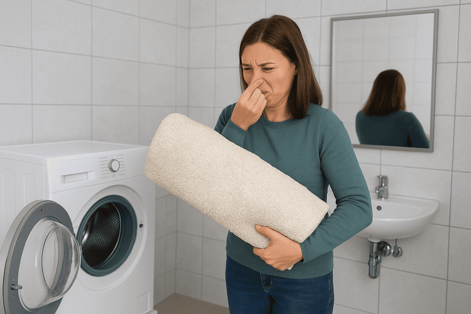 Femme qui porte un tapis qui sent mauvais après lavage