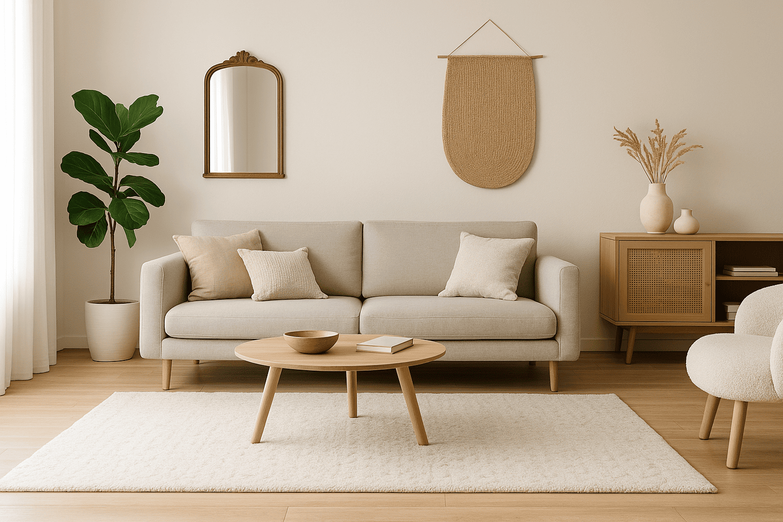 Salon avec canapé et tapis beige