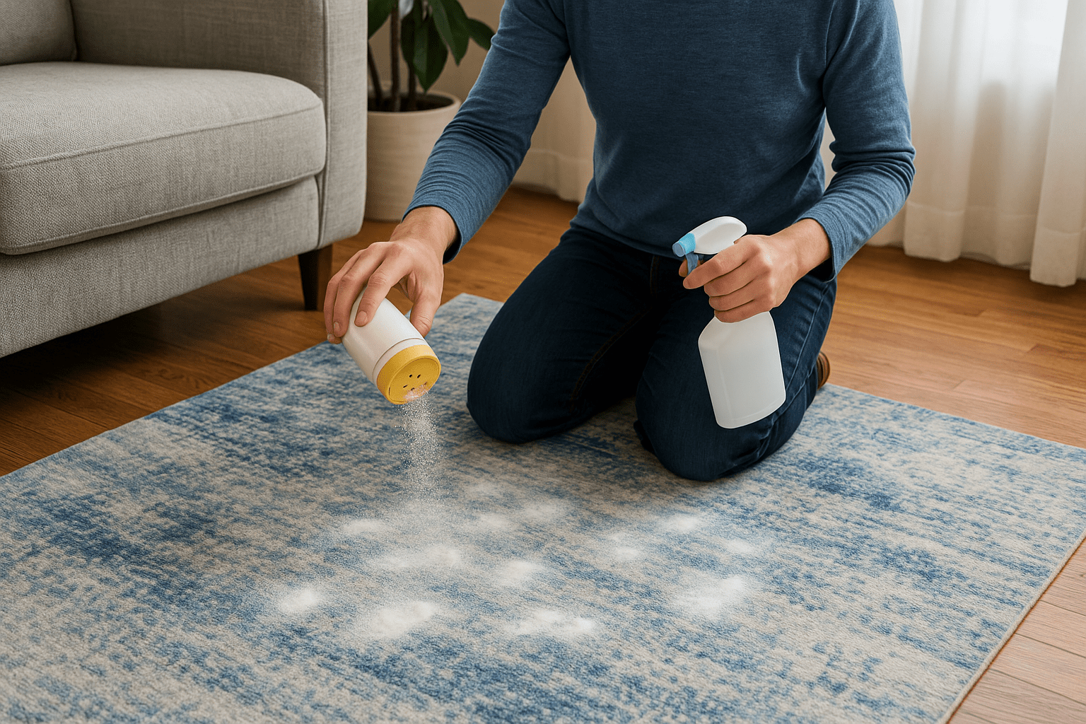 homme qui met de la bicarbonate de soude sur son tapis