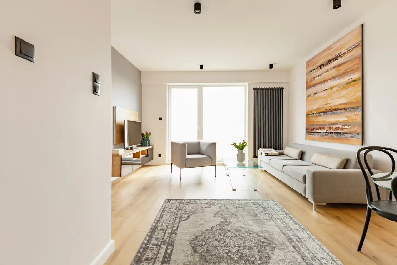 salon éclairé avec un beau tapis oriental