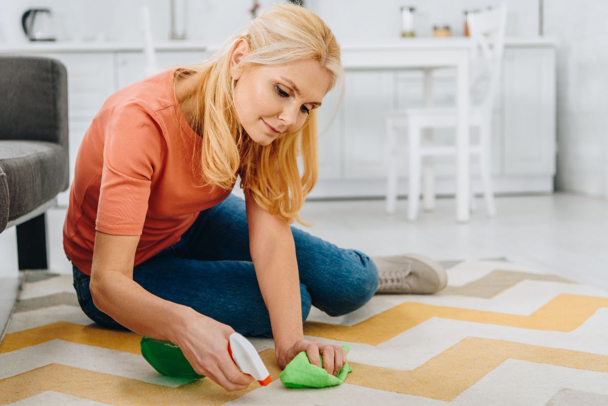 Femme qui nettoie un tapisFemme qui nettoie un tapis