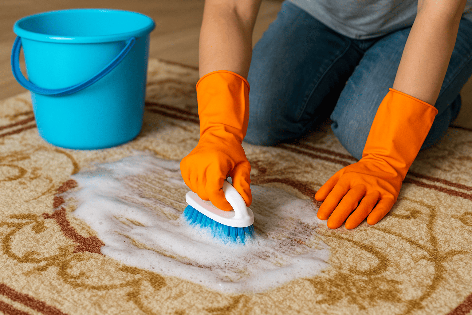nettoyage a la maind'une femme avec des gants orange