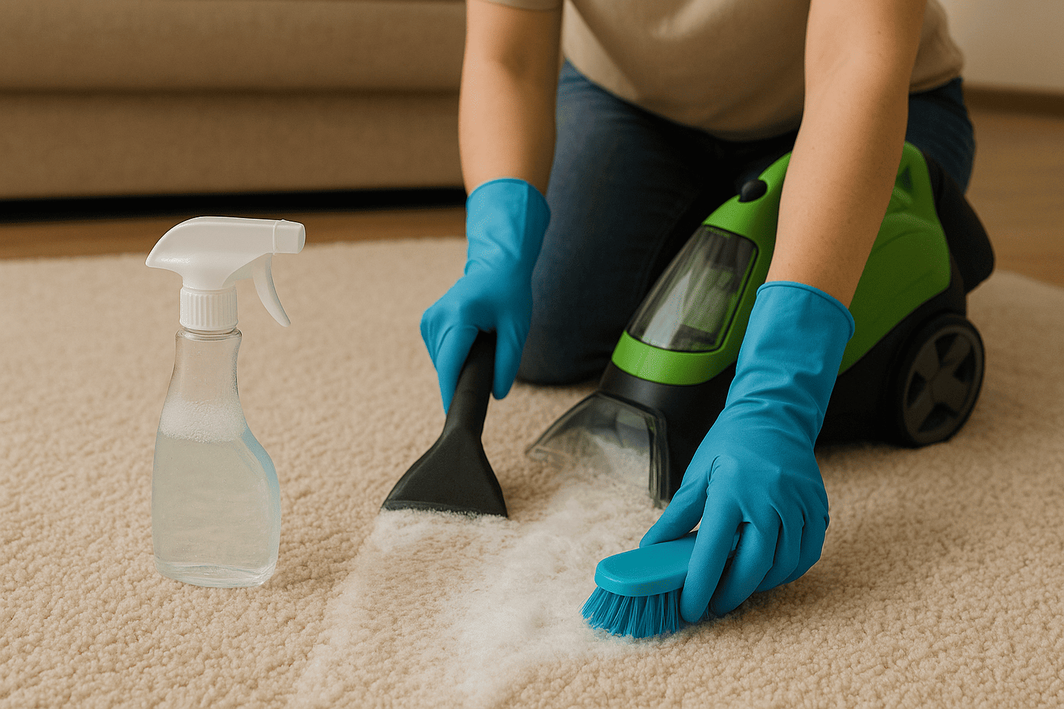 Femme qui nettoie en profondeur avec une shampouinneuse