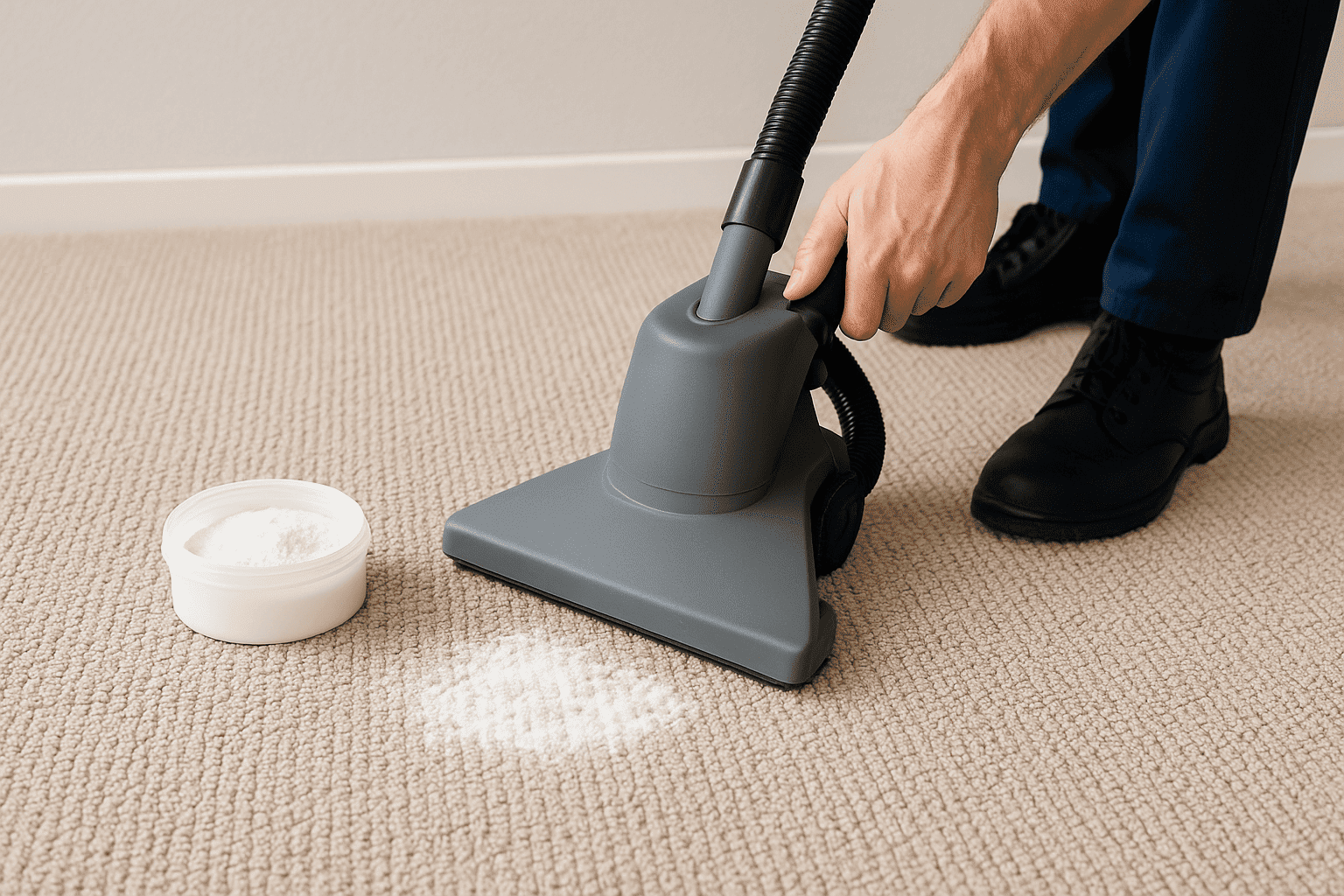 Moquette beige qui se fais nettoyer par un aspirateur et de la bicarbonate