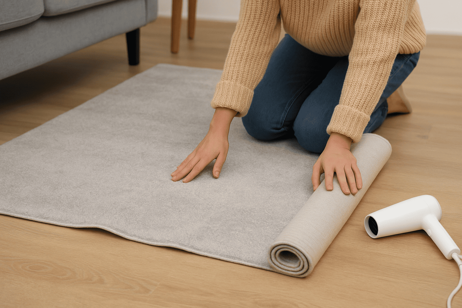 Femme qui est sur un tapis et qui retire les plis d'un tapis plié