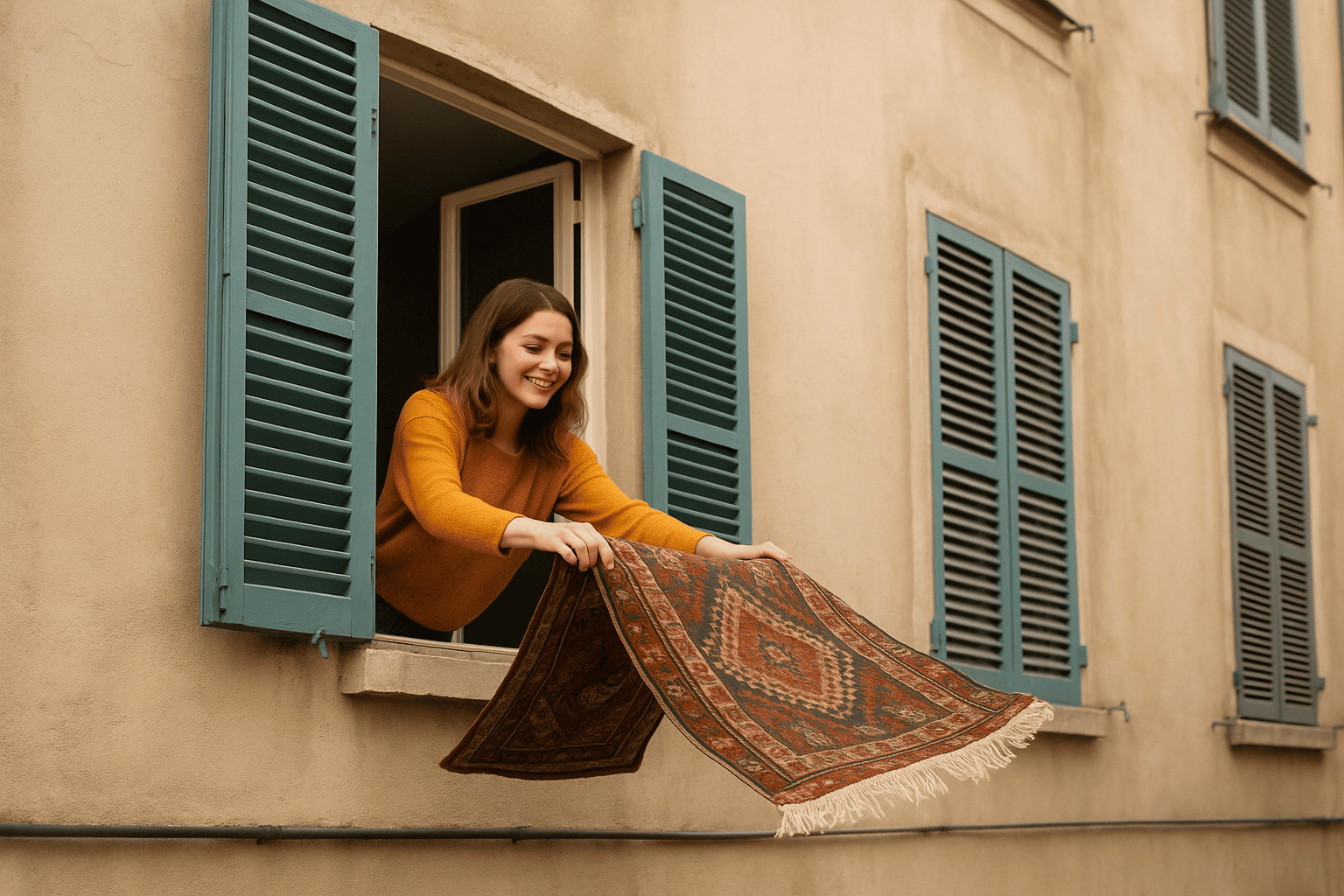 femme qui secoue un tapis par la fenêtre