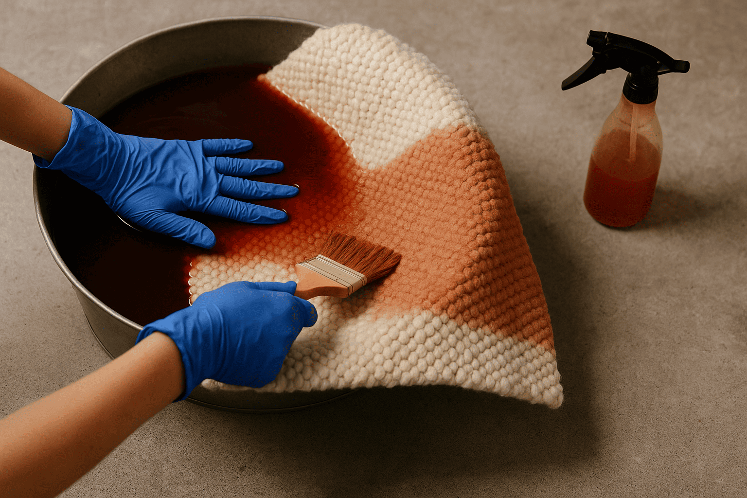 des mains avec des gants bleu qui sont en train de teindre un tapis dans un sceau avec de la teinture